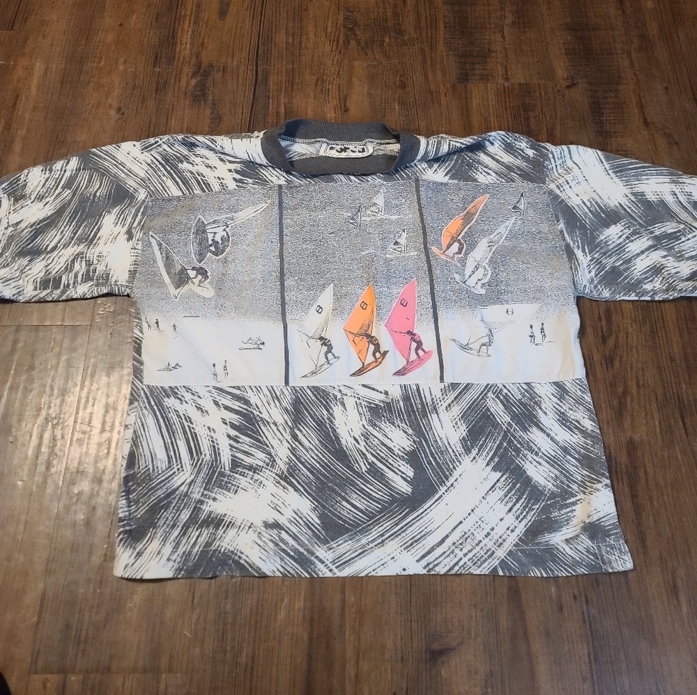 Vintage single stitch wind surfer all over print men's large crop top 90s